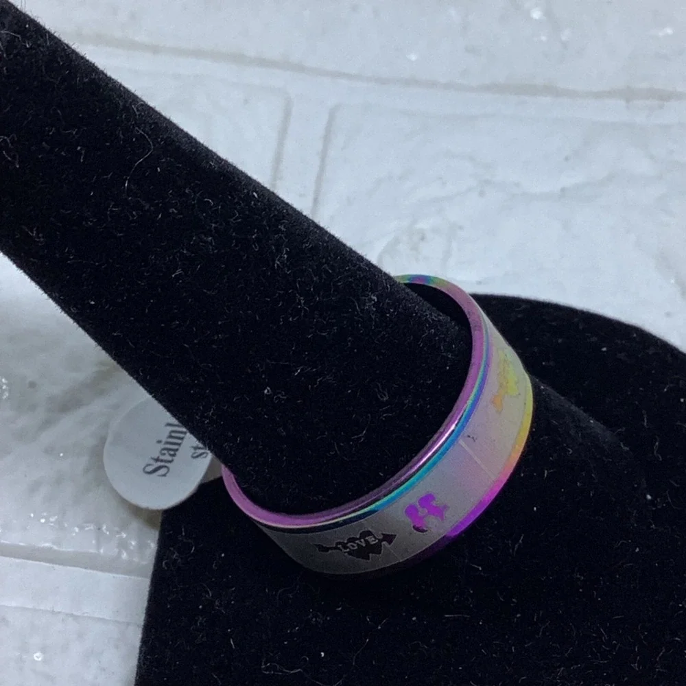 Rainbow Love Ring Unisex Size 12 Silver‎ Tone Stainless Steel Metallic Band Ring